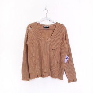 NWT Sweet & Sinful Tan Distressed V-neck Sweater